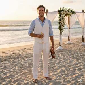 Beach Wedding White Linen Cotton Vest and Trousers 2Piece Suit Set Quiet Luxury